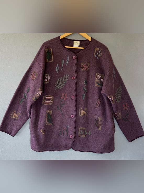 Artisan Sweaters - Vintage 90s Artisans Purple Botanical Cardigan Jacket USA Made XL